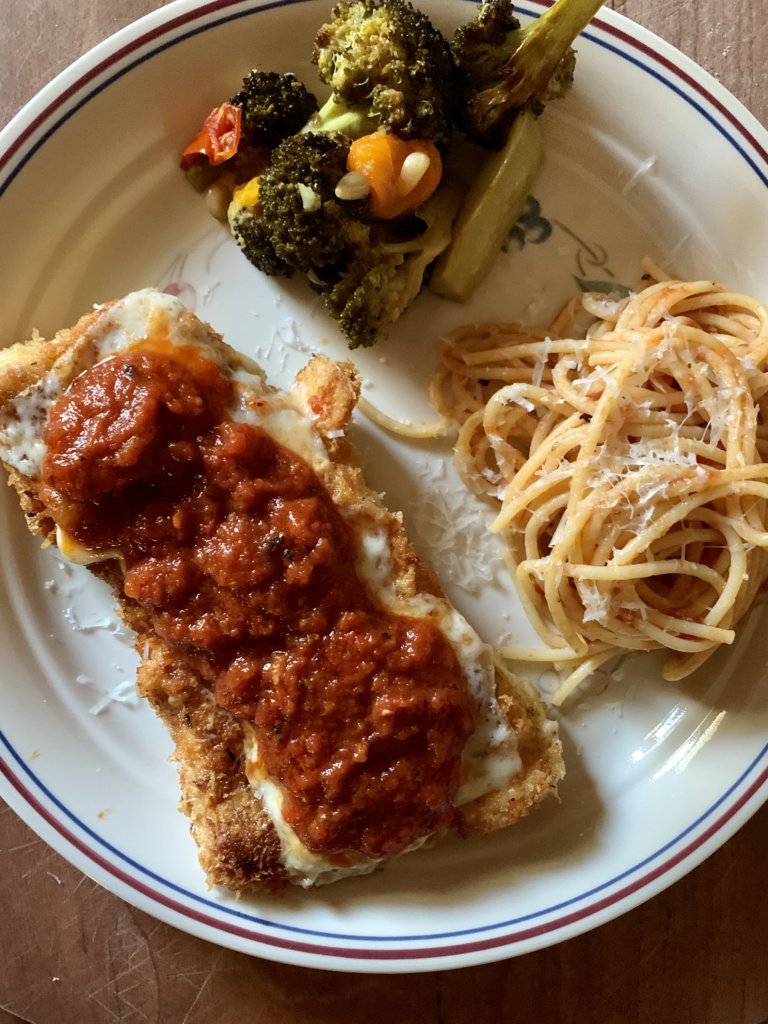 Chicken Parm, Spaghetti, Roasted Broccoli