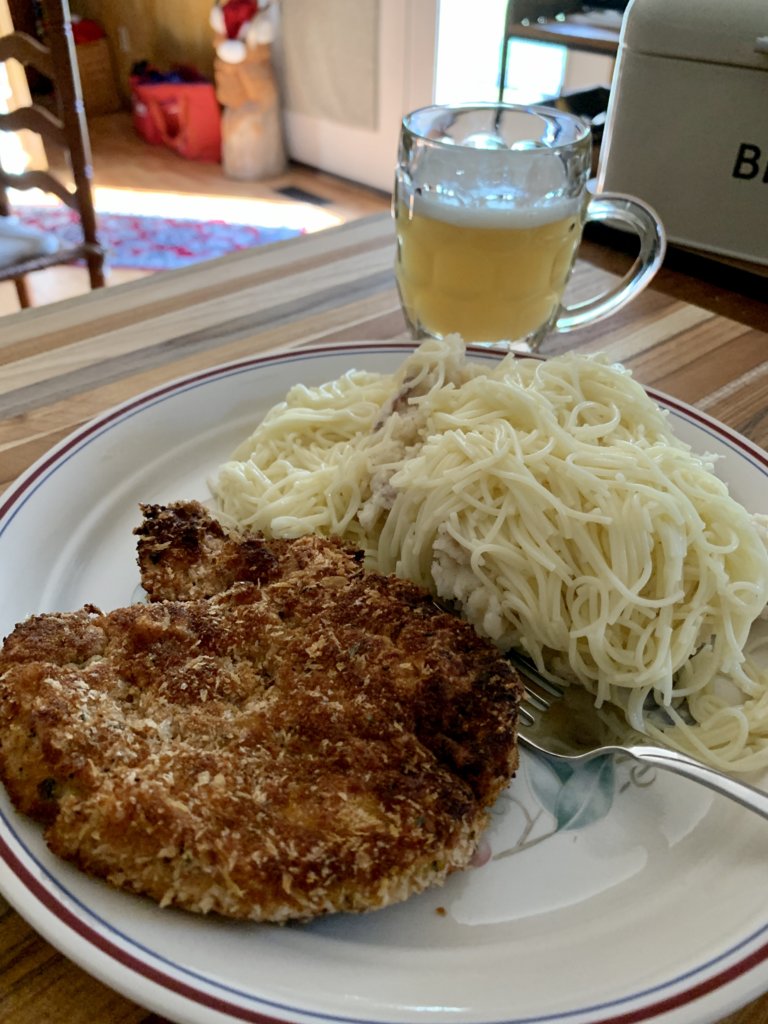 Chicken Schnitzel, Garlic Mashed Potatoes, & Noodles