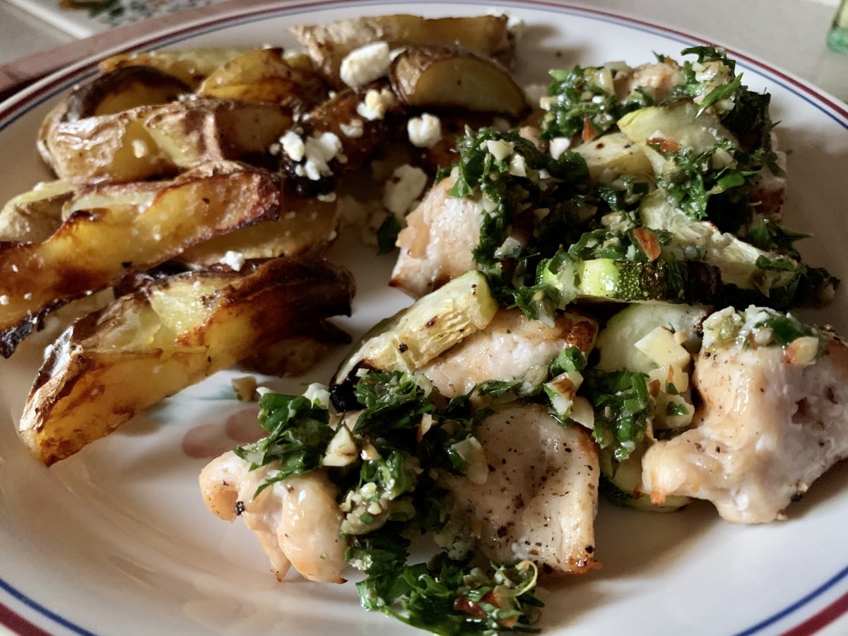 Chicken-Zucchini Skewers W/ Roasted Greek Potatoes