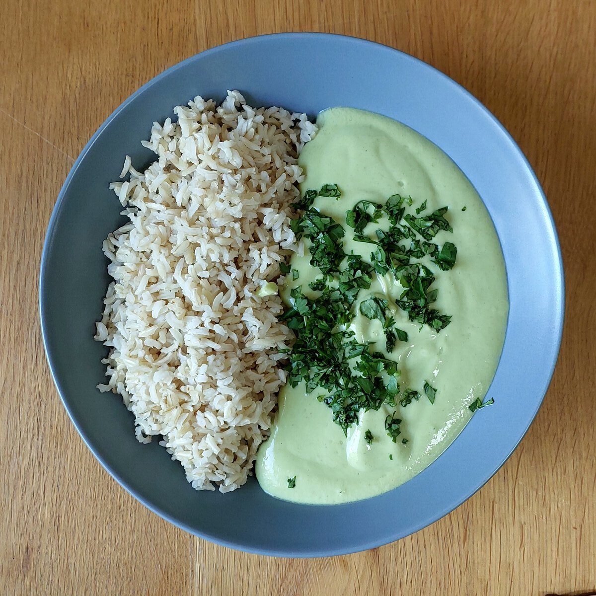 Chilled Avocado & Coconut Soup served with brown basmati rice