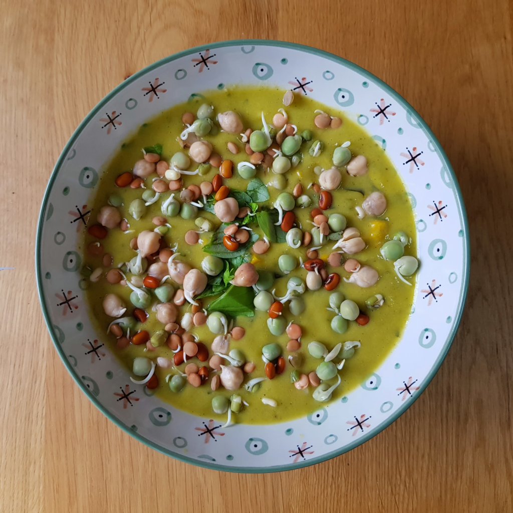 Cold Courgette and Sweetcorn Soup with Sprouted Grains