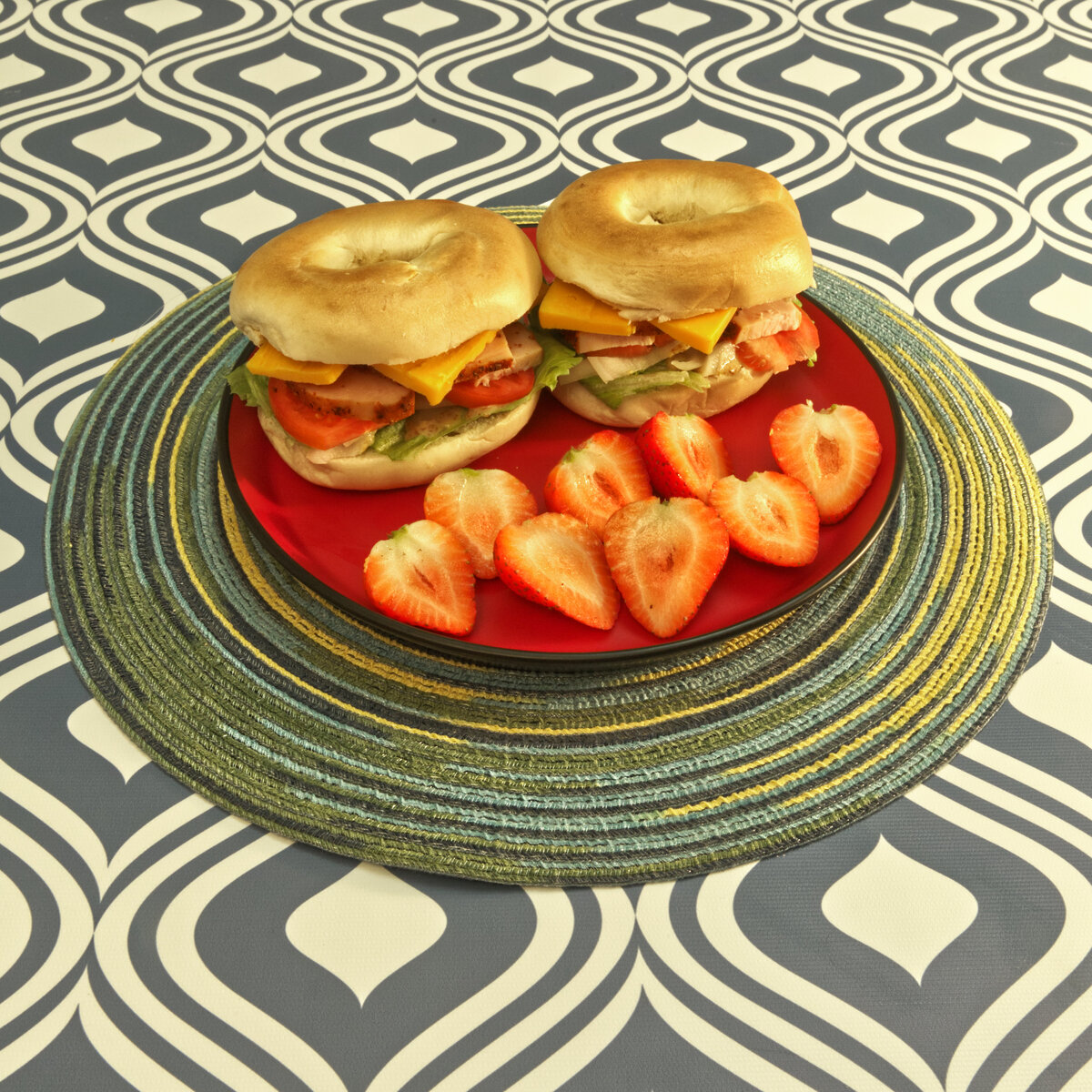 Cold Turkey and Cheddar Bagel Sandwiches with Strawberries