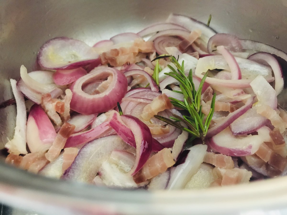 Cooking red onions and smoked pancetta.jpeg