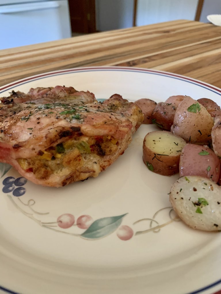 Corn-Stuffed Pork Chops And Herbed Potatoes