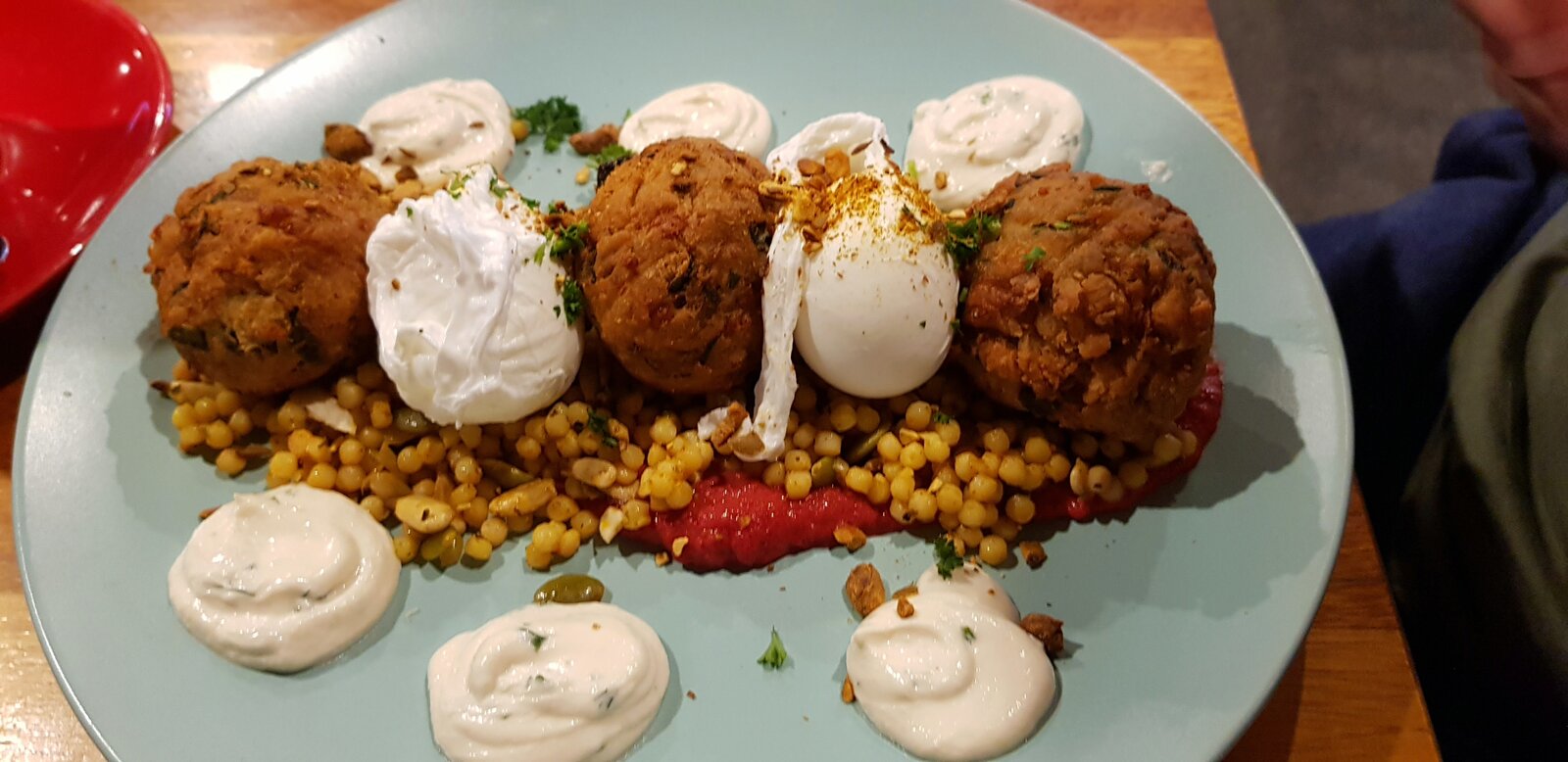 Couscous, Courgette Balls and Poached Eggs