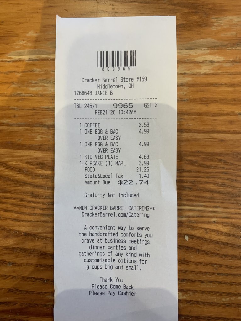 Cracker Barrel Receipt