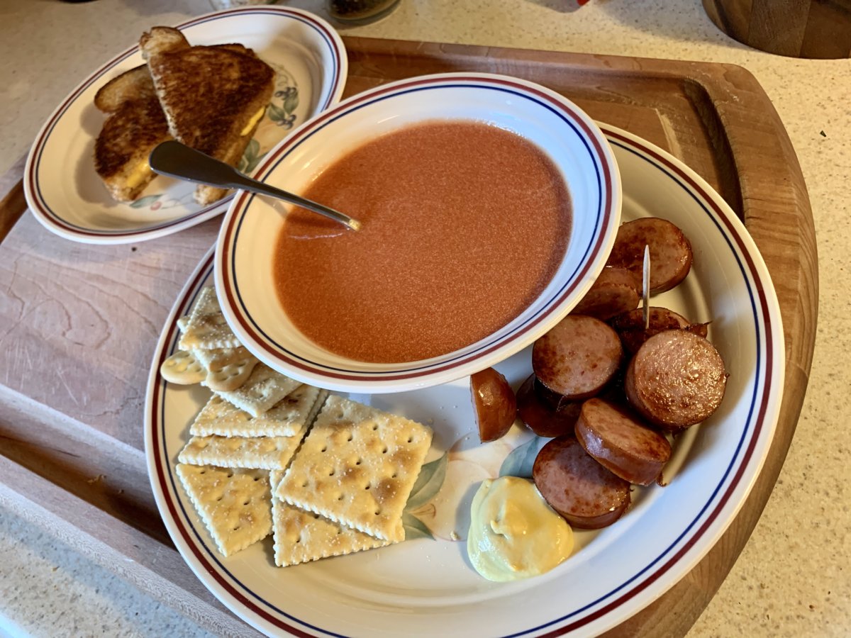 Cream Of Tomato Soup, Fried Kielbasa, And Grilled Cheese