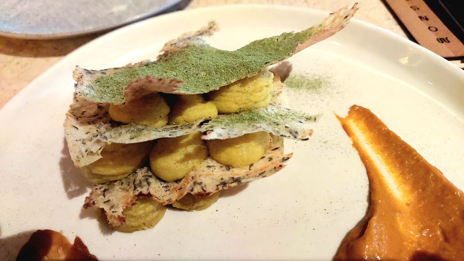 Crispy Dosa - Potato Masala, Vegan ' Shrimp' Relish, Tamarind Chutney