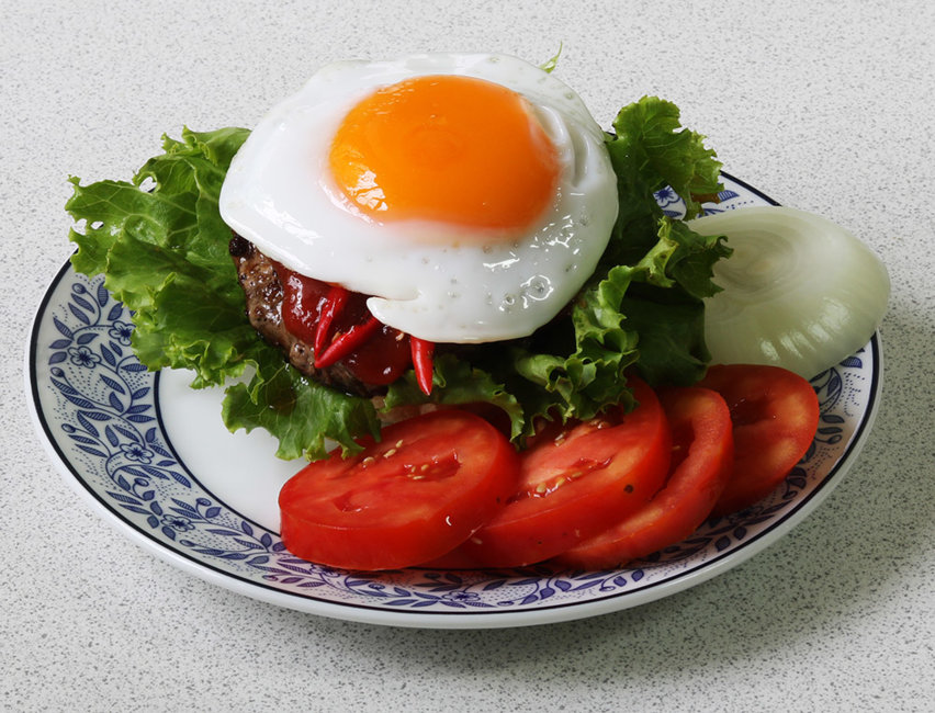 Duck egg chilli burger.