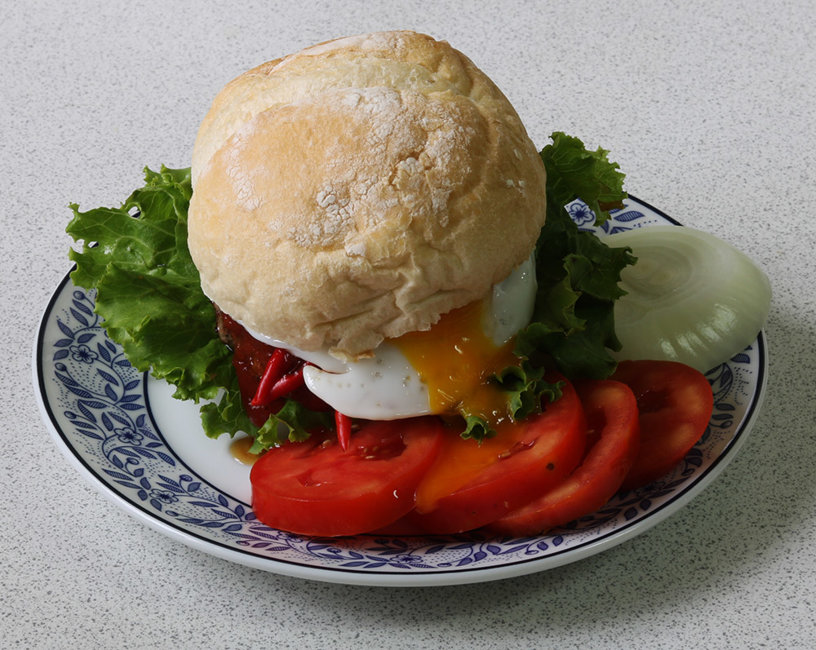 Duck egg chilli burger.