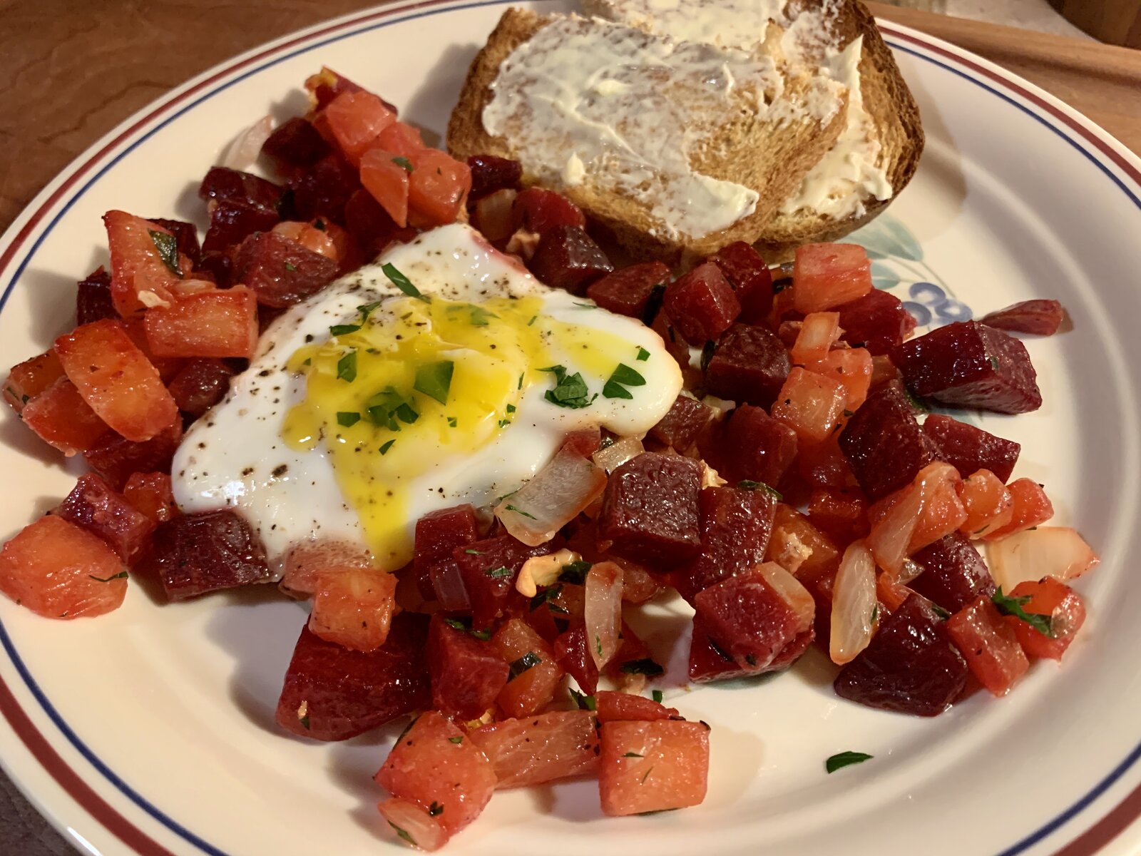 Egg Over Beet-Turnip Hash