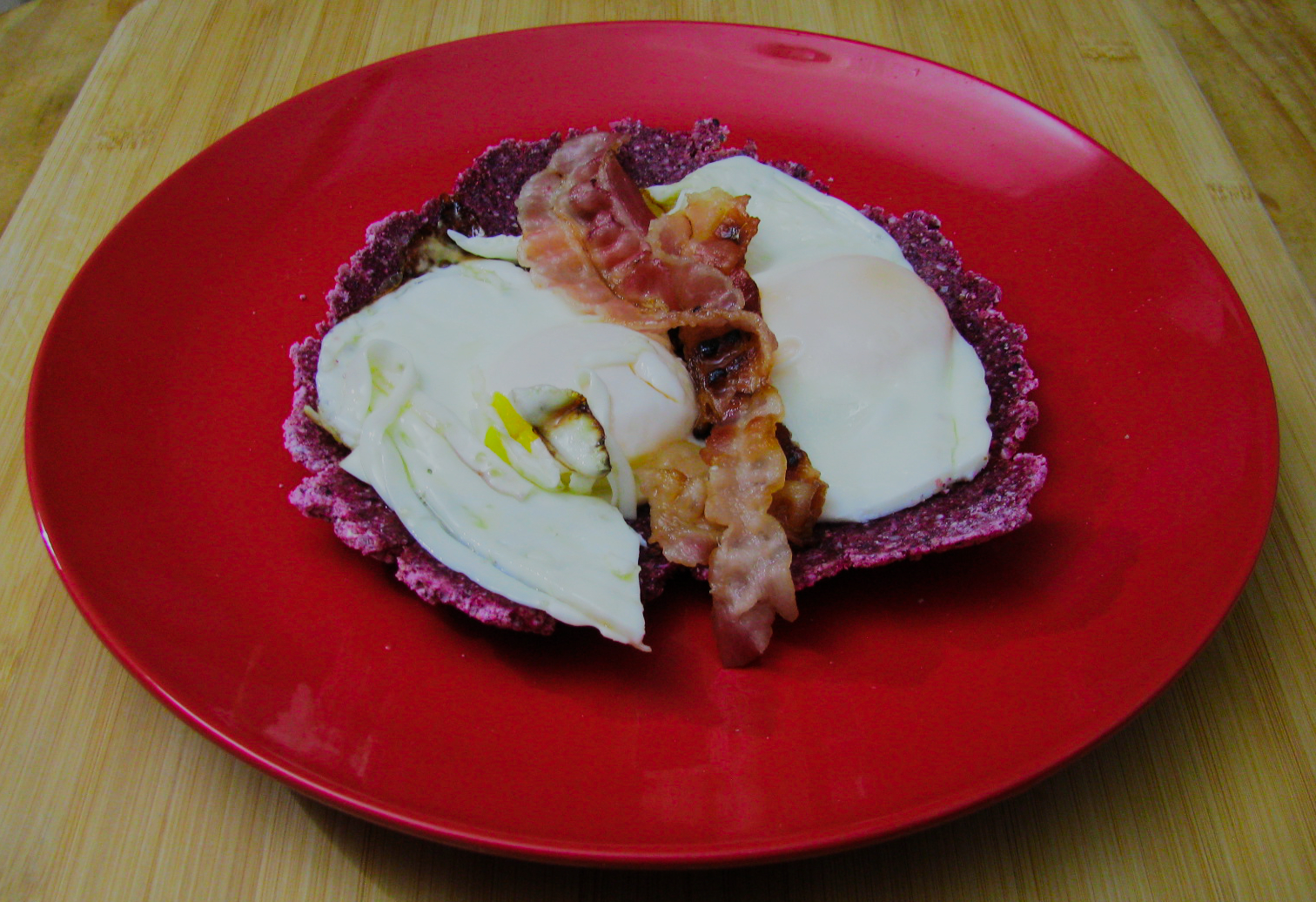 Eggs and Bacon on a Blue Corn Tortilla