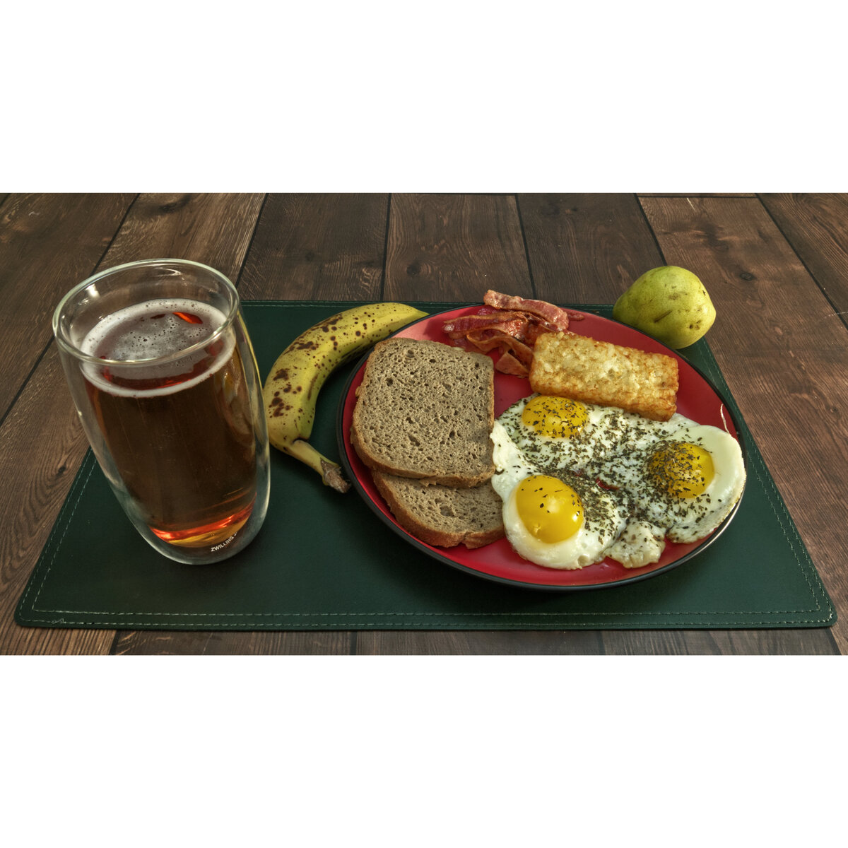 Eggs, Bacon, Hash Brown Patty, Pumpernickel Bread, Banana, Pear and Sparkling Blush Cider