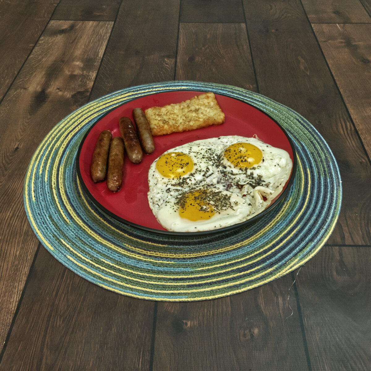 Eggs, Breakfast Sausages and a Hash Brown Patty