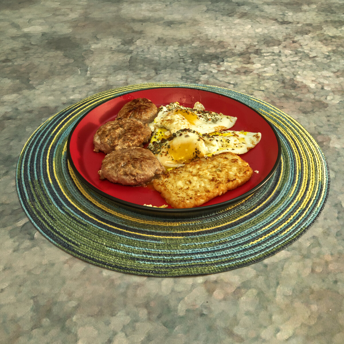 Eggs with Breakfast Sausage and a Hash Brown Patty