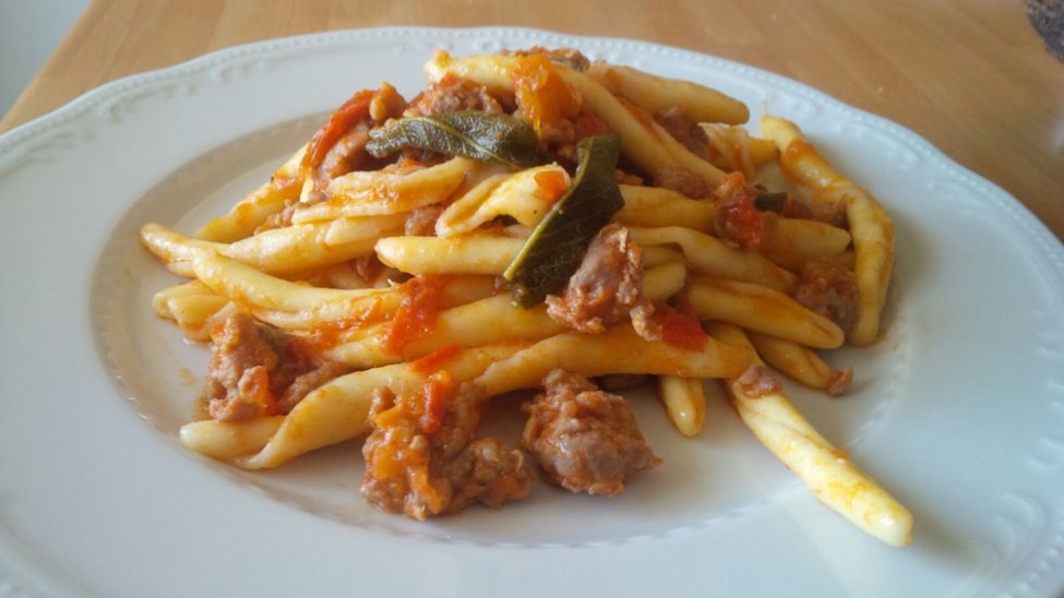 Fileja pasta with sausage, sage and cherry tomatoes