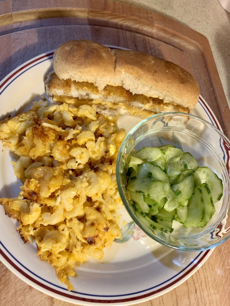 Fish Sandwich, Mac-And-Cheese, And Cukes