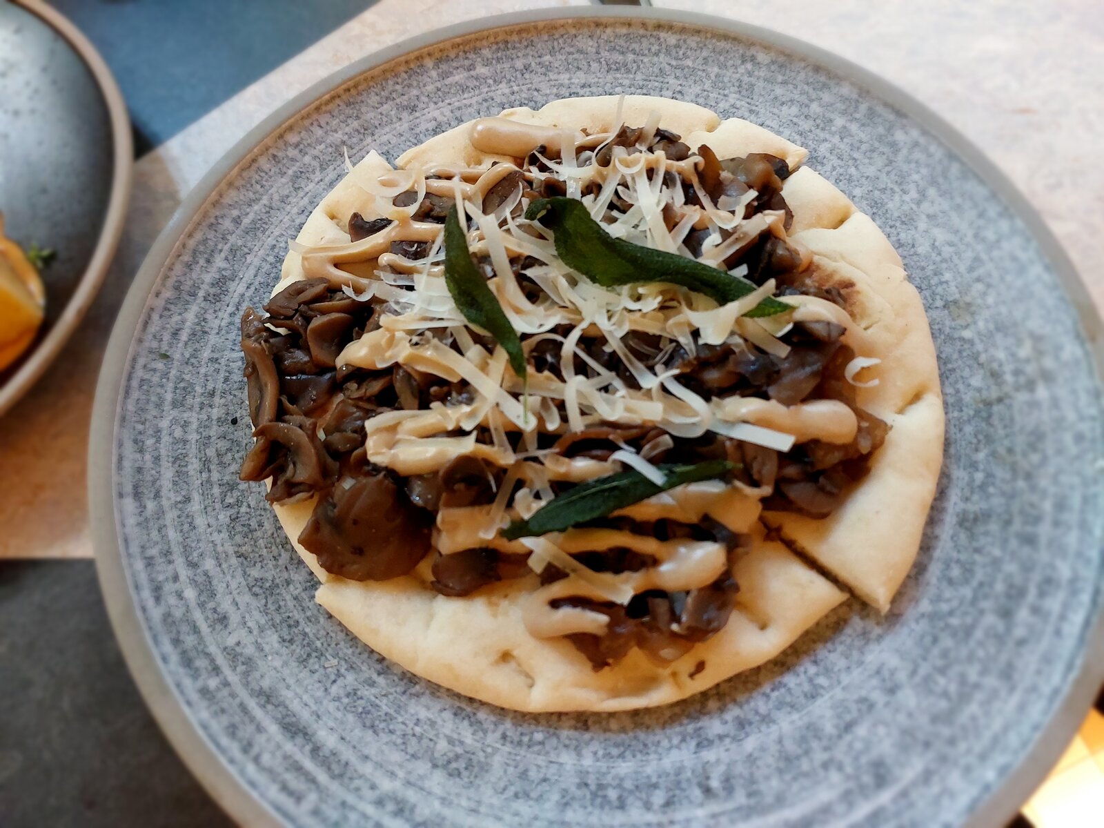 Flat Bread, Mushrooms, onion jam & kale