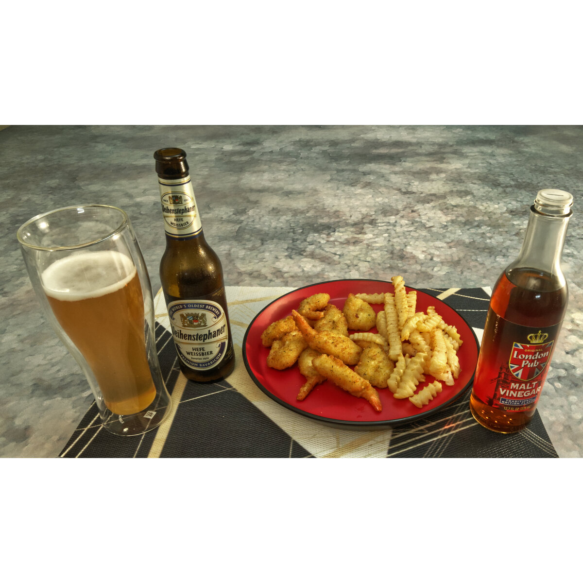 Fried Shrimp and Crinkle Cut Fries with Malt Vinegar and a Hefe Weiss Bier