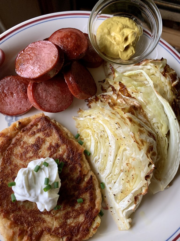 Fried Trail Bologna, More Roasted Cabbage, Potato Cake