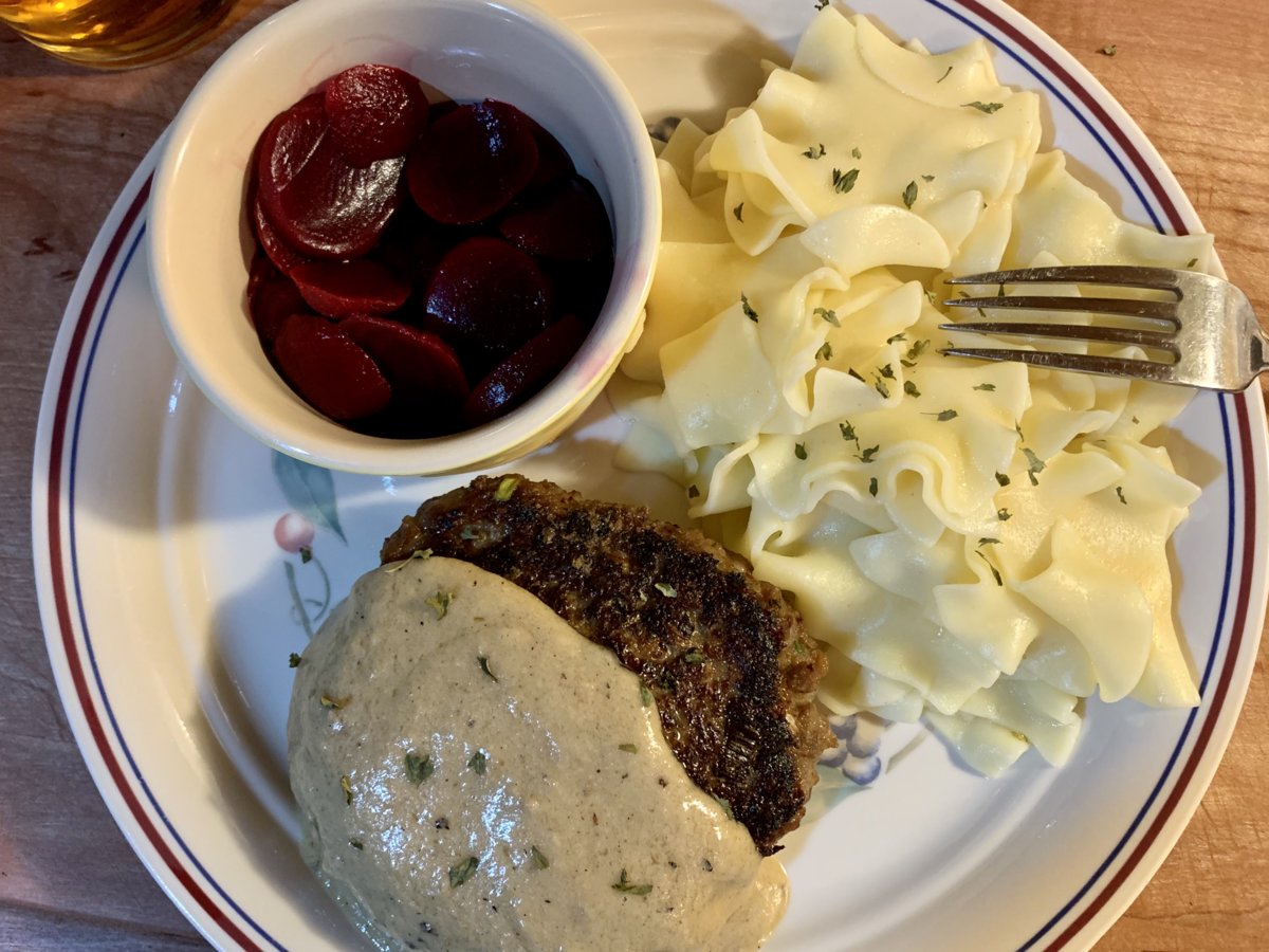 German Beefsteak With Mustard Sauce, Beets, And Buttered Noodles