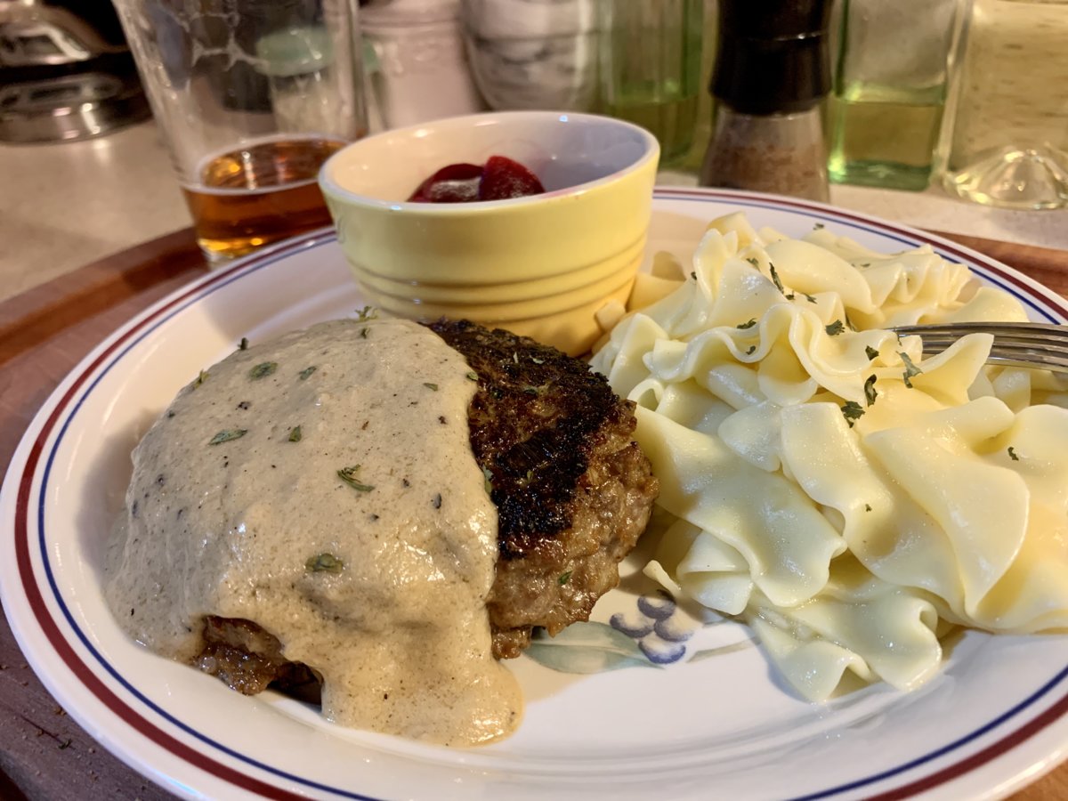 German Beefsteak With Mustard Sauce, Beets, And Buttered Noodles