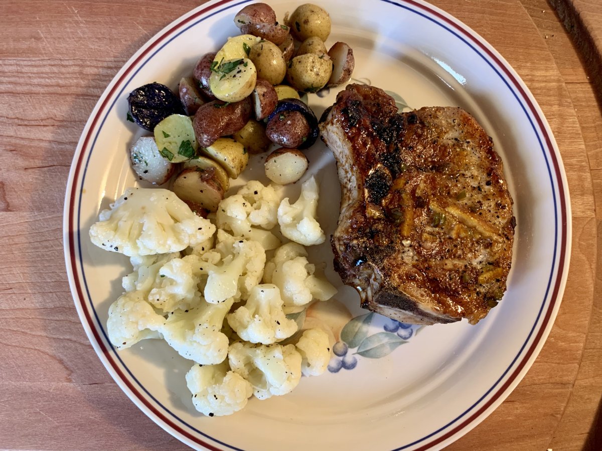 Glazed Pork Chops, Steamed Cauliflower, And Leftover Potatoes