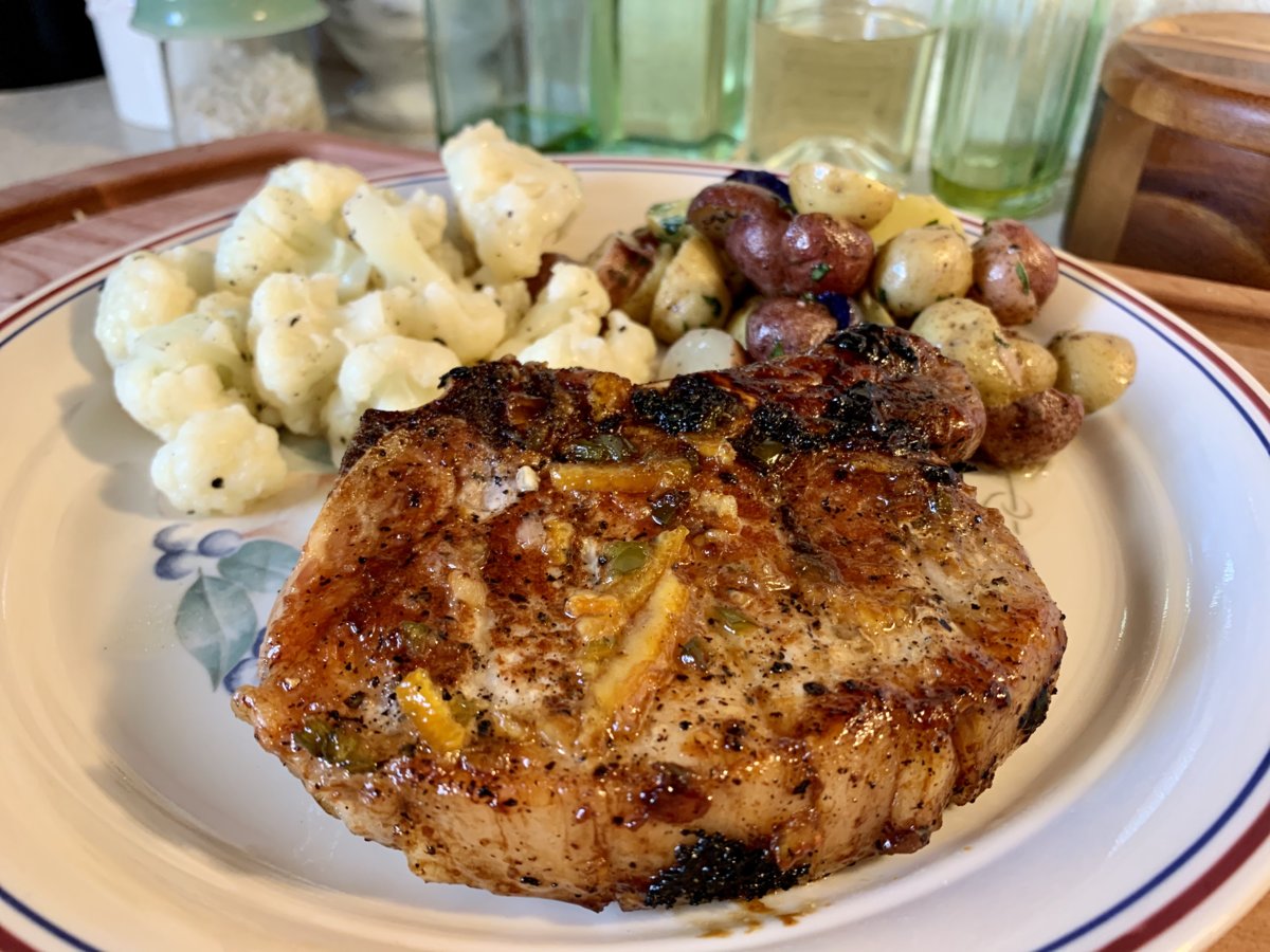 Glazed Pork Chops, Steamed Cauliflower, And Leftover Potatoes