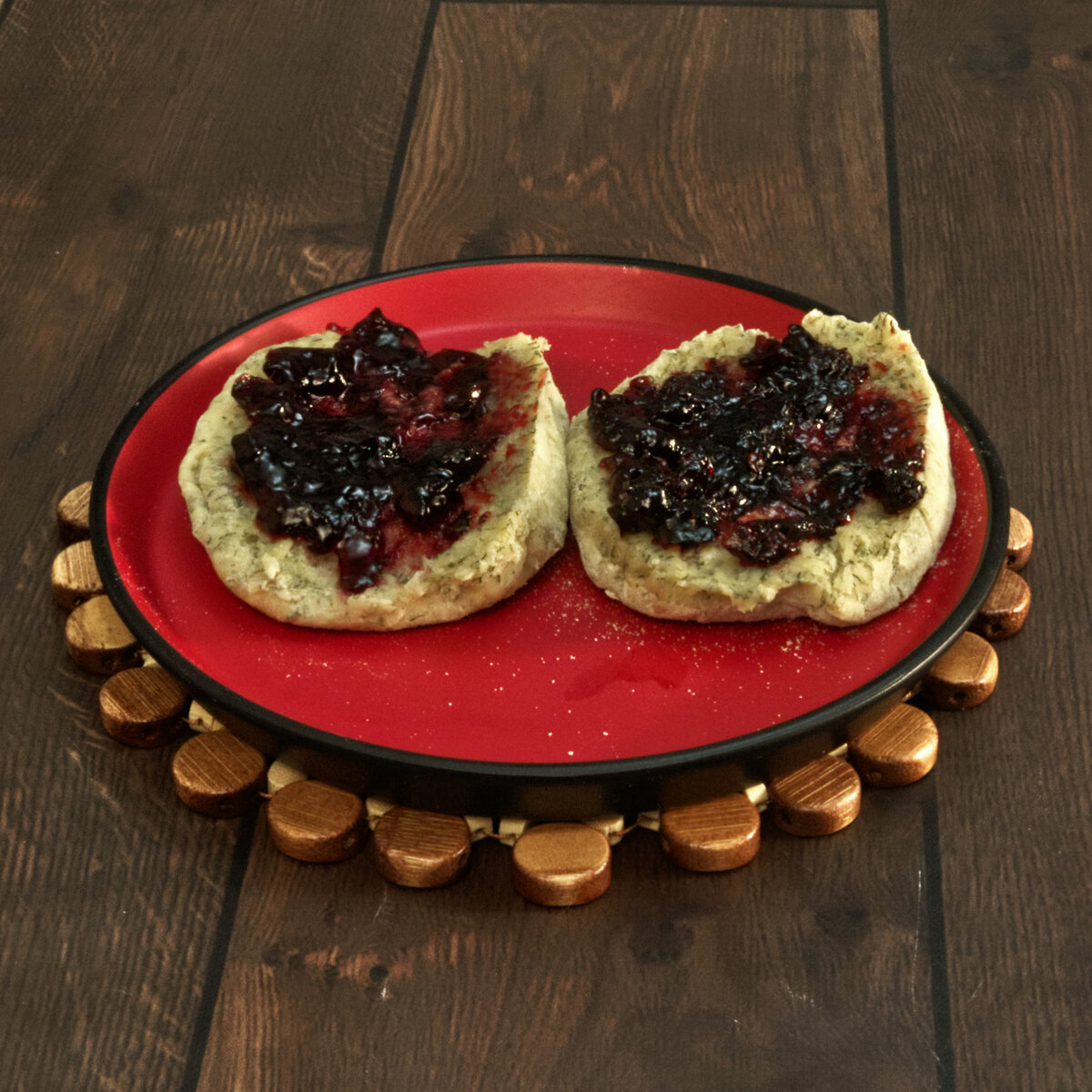 Golden Dill English Muffins with Black Currant Spread