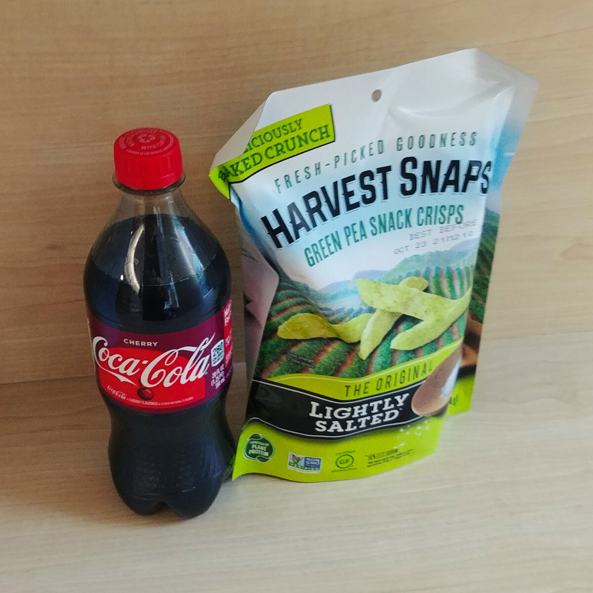 Green Pea Snack Crisps and a Cherry Coke