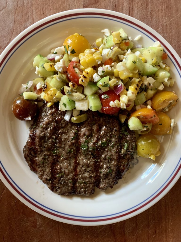 Grilled Cube Steak & Greek Corn Salad