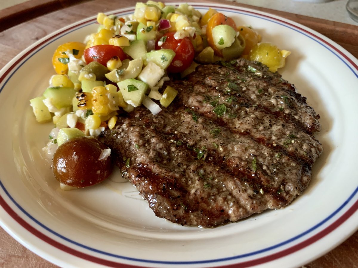 Grilled Cube Steak & Greek Corn Salad