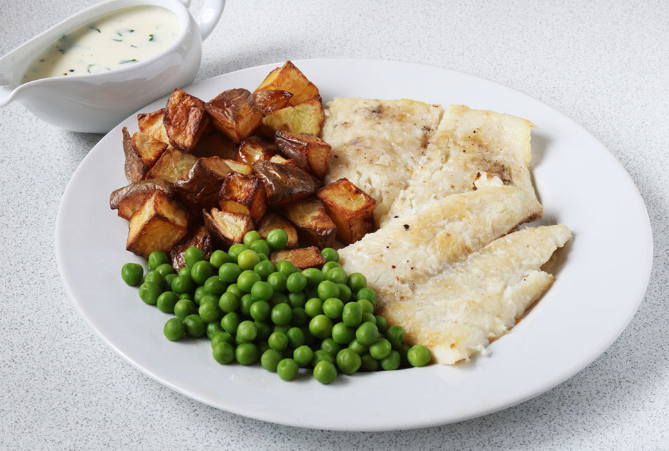 Halibut with roast potatoes and peas.