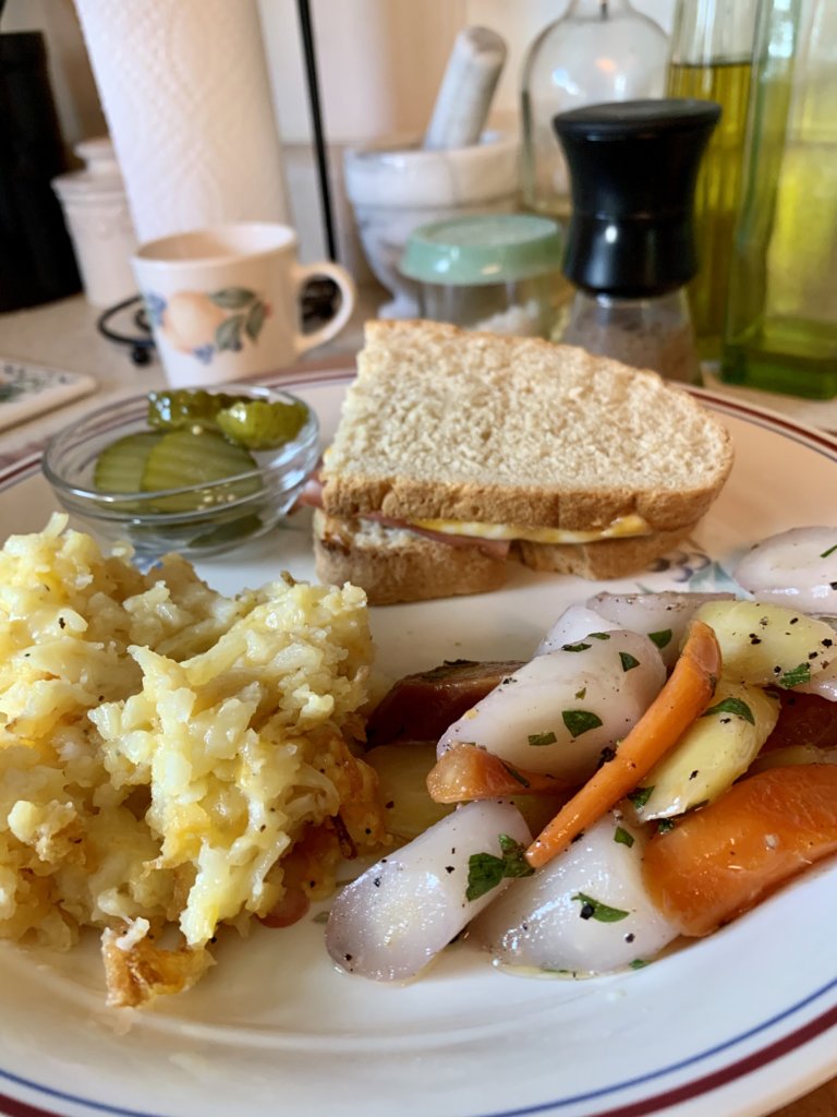 Ham And Cheese, Hashbrown Casserole, Rainbow Carrots, And Bread-And-Butter Pickles