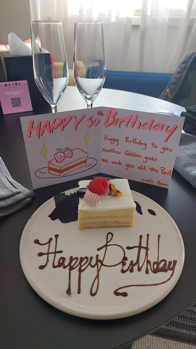 Happy Birthday cake in the hotel room