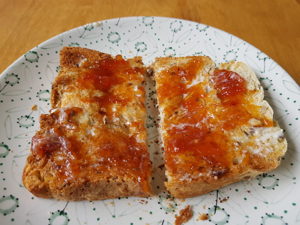 Home-made bread, home-made vegan butter and someone else's home-made damson and plum jam