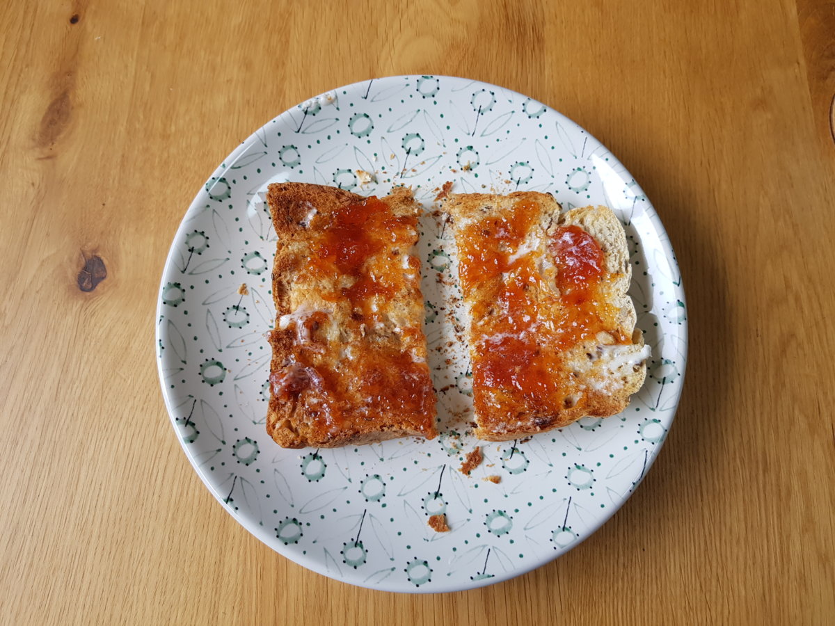 Home-made bread, home-made vegan butter and someone else's home-made damson and plum jam