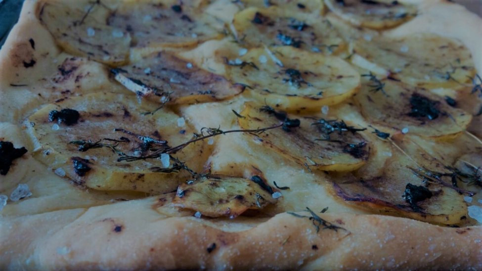Homemade Focaccia with Potatoes and Black Garlic