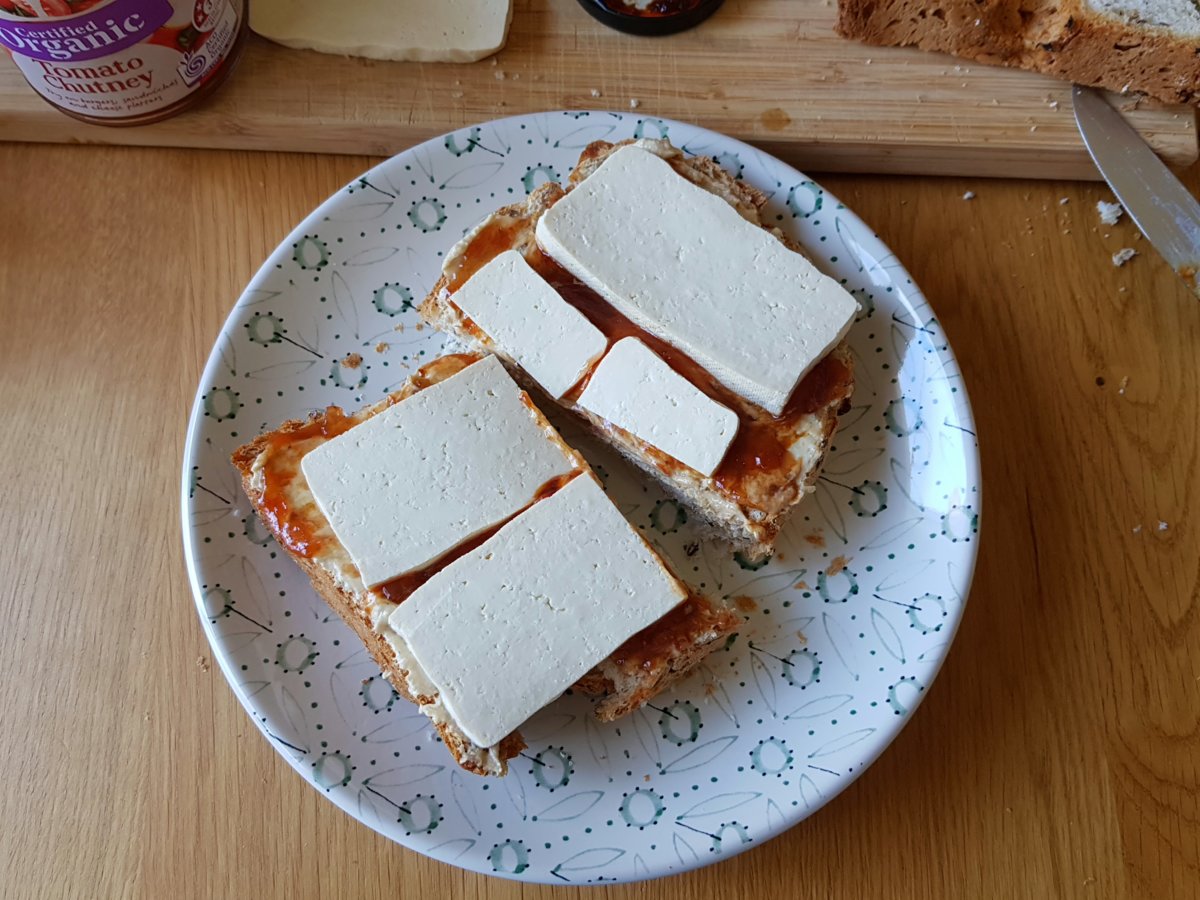 Homemade granary bread, hummus, tomato chutney and tofu
