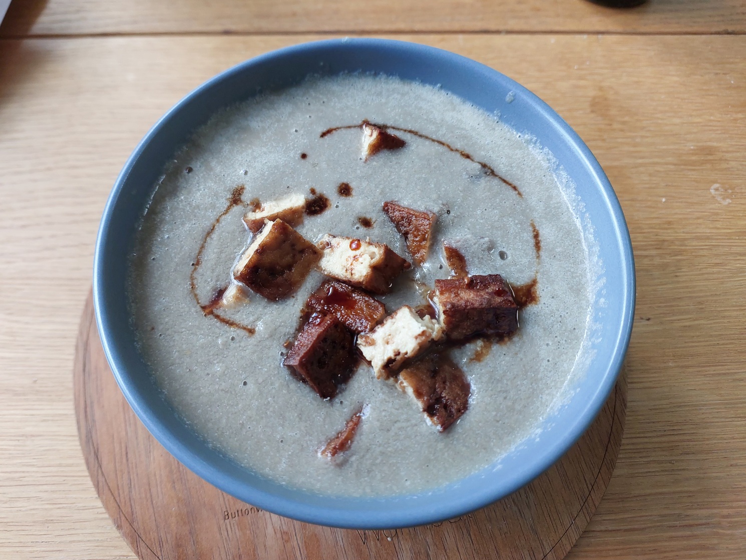 Homemade mushroom soup with honey soy tofu & tamari