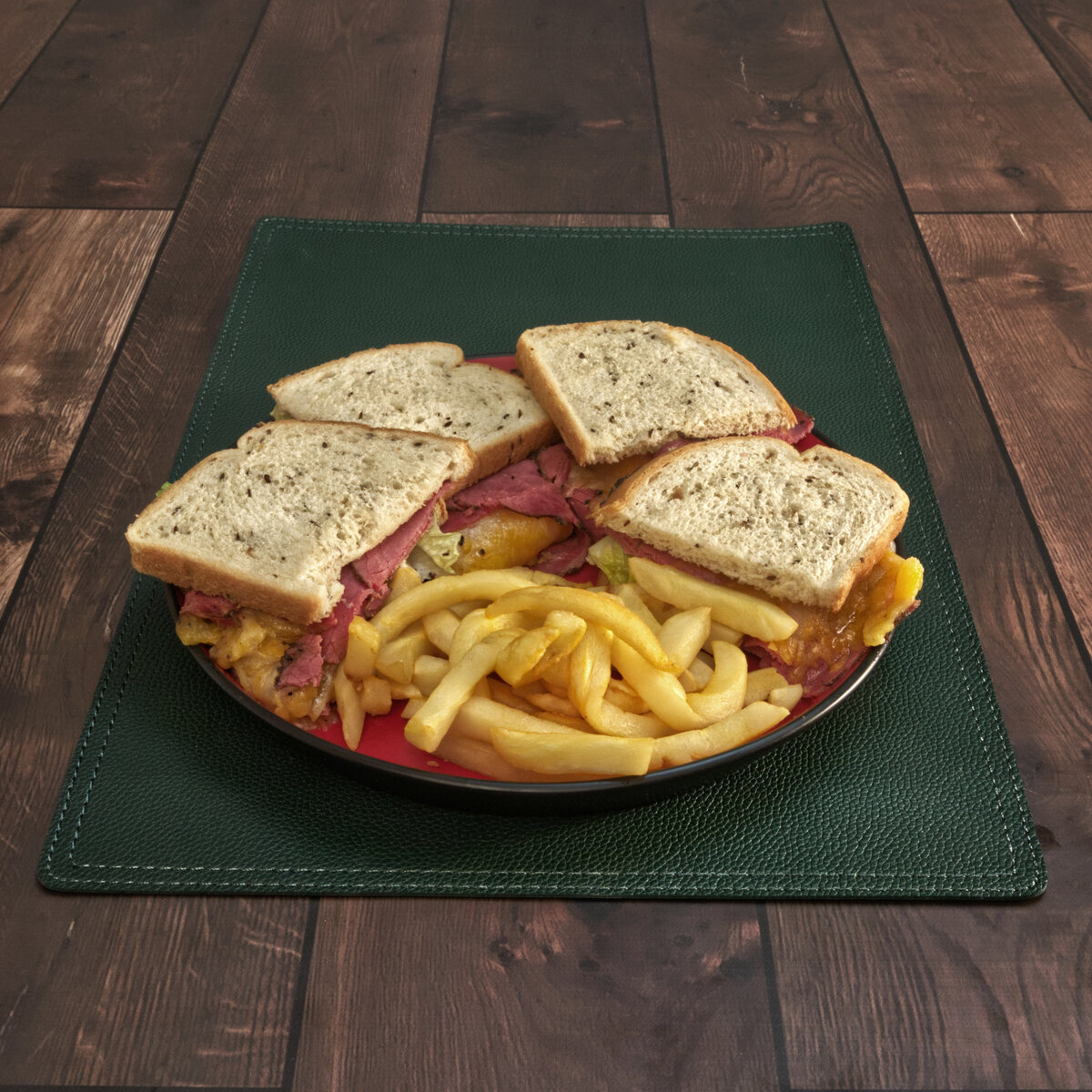 Hot Pastrami & Cheese on Dill Rye Sandwiches with French Fries