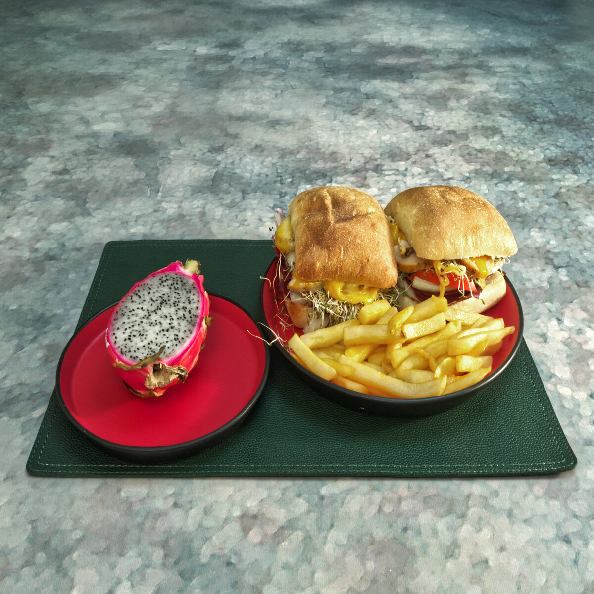 Hot Turkey and Cheese Sandwiches with Fries and Dragon Fruit