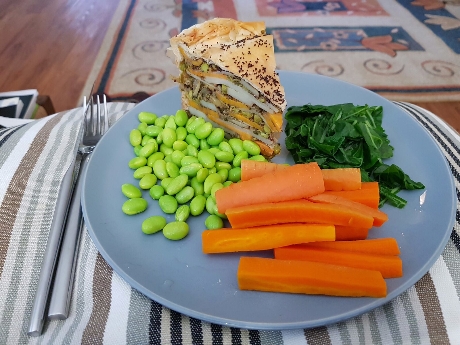 Indian Potato Pie, Carrots, Chard & Edamane beans