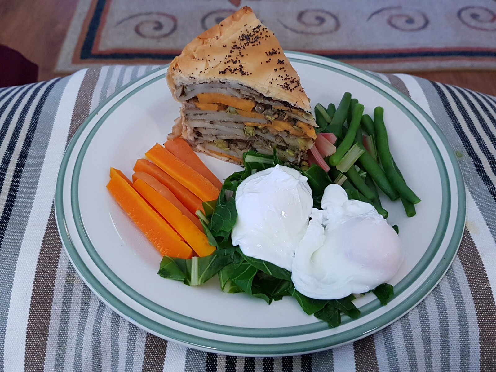 Indian Potato Pie, Poached Eggs, Carrots, Green Beans & Swiss Chard