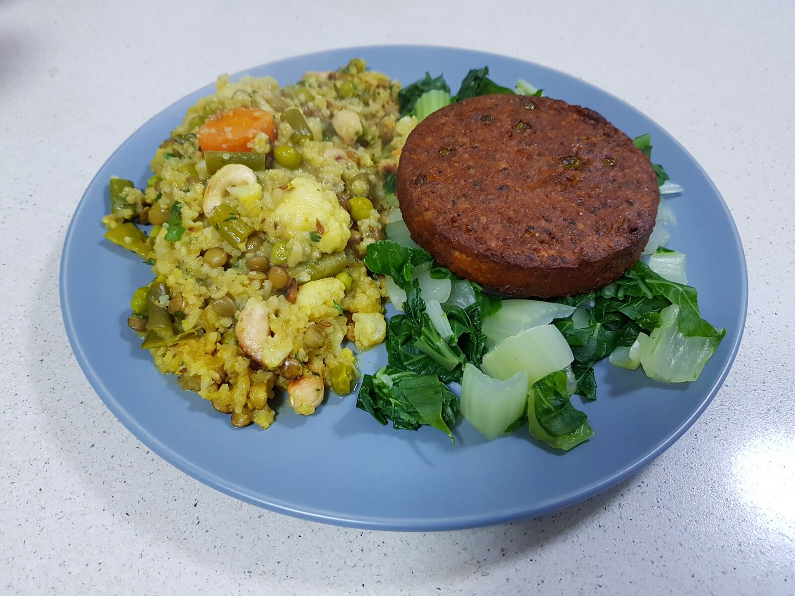 Kharachi, veggie burger & pak choy