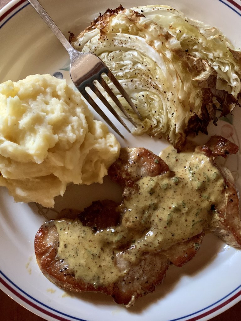Mustard Chops, Roasted Cabbage, And Buttermilk Mashed Potatoes