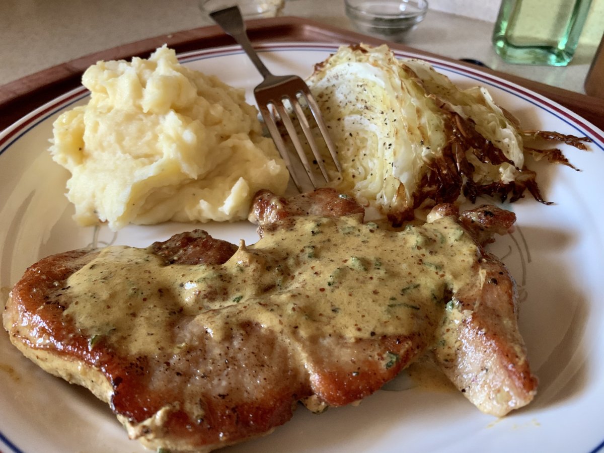 Mustard Chops, Roasted Cabbage, And Buttermilk Mashed Potatoes