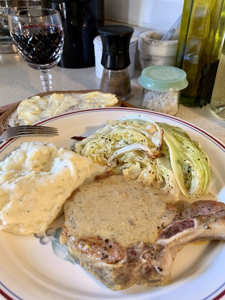 Mustard Pork Chops, Roasted Cabbage, And Mashed Potatoes