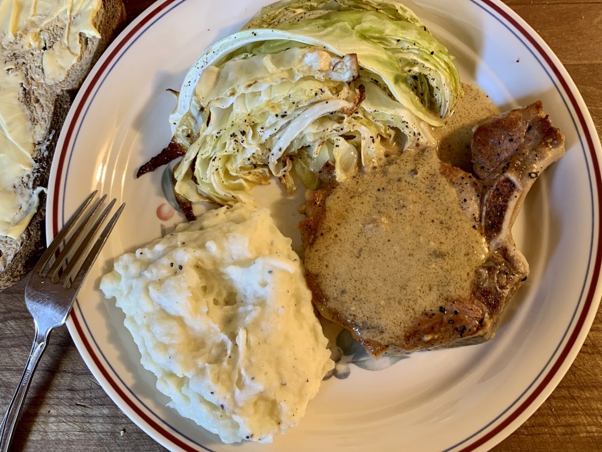 Mustard Pork Chops, Roasted Cabbage, And Mashed Potatoes