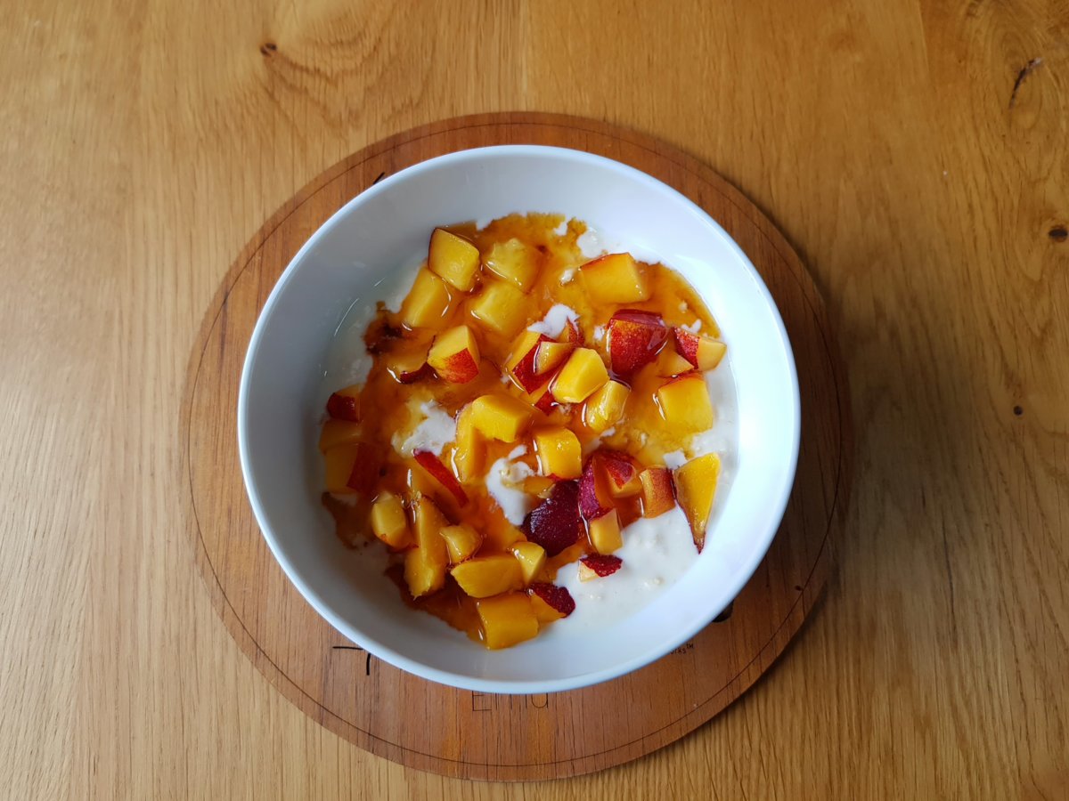 Nectarine, Maple Syrup and Oats soaked in Soya Yoghurt